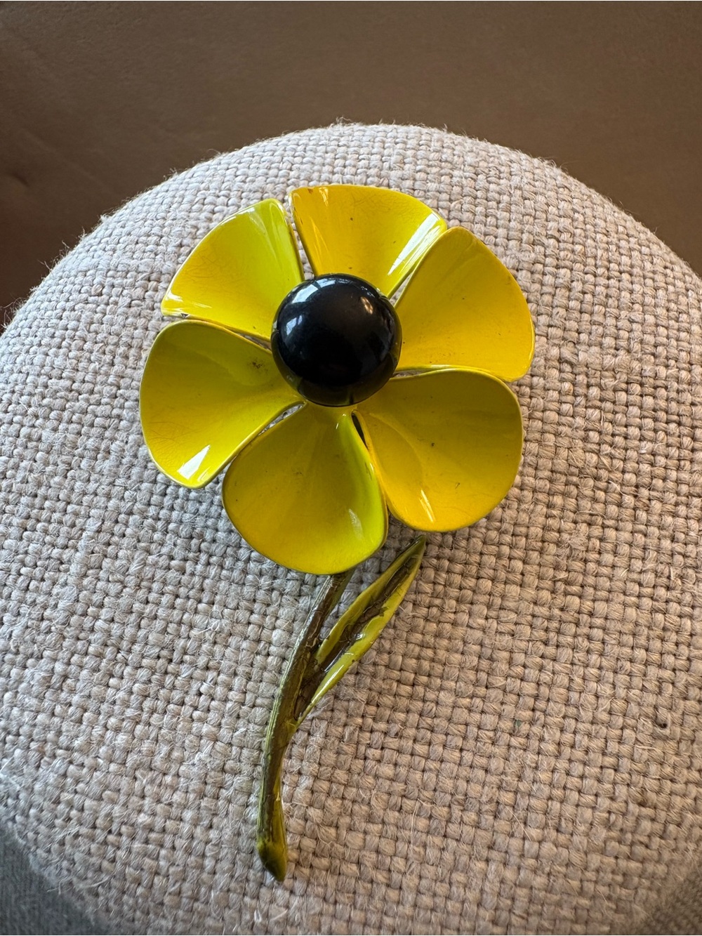 Retro Style Yellow Flower Pin Brooch with Black Center. Jewelry. Vintage.